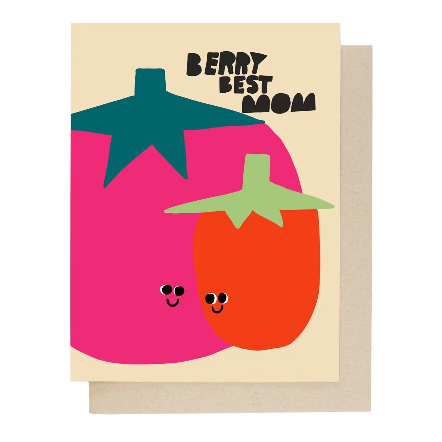 Greeting card with two stylized berries and 'Berry Best Mom' text on a beige background