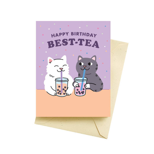 Birthday card with two cats drinking bubble tea and 'Happy Birthday Best-Tea' text on a purple background.