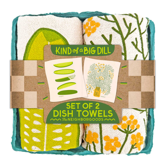 Set of 2 dish towels with floral/herb and vegetable designs in packaging, featuring the brand 'Neighborgoods'.
