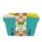 Set of dish towels in a blue produce container with a checkered label.