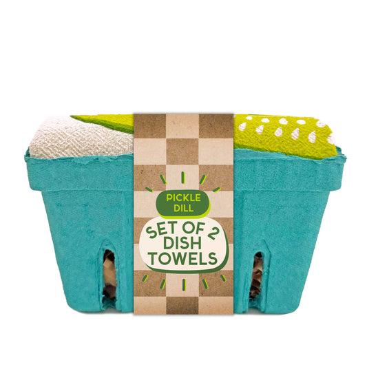 Set of dish towels in a blue produce container with a checkered label.