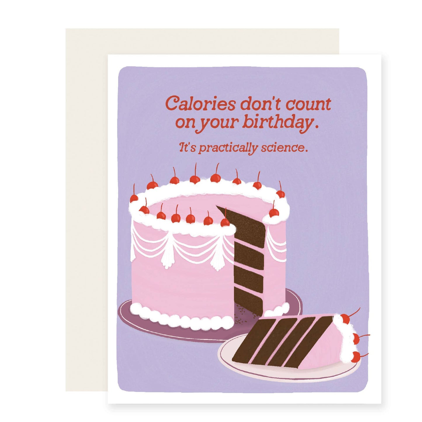 Greeting card with a birthday cake illustration and humorous text on a purple background