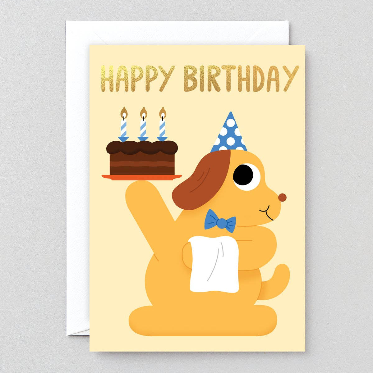 Birthday greeting card with a dog as a waiter, holdiing up a chocolate cake