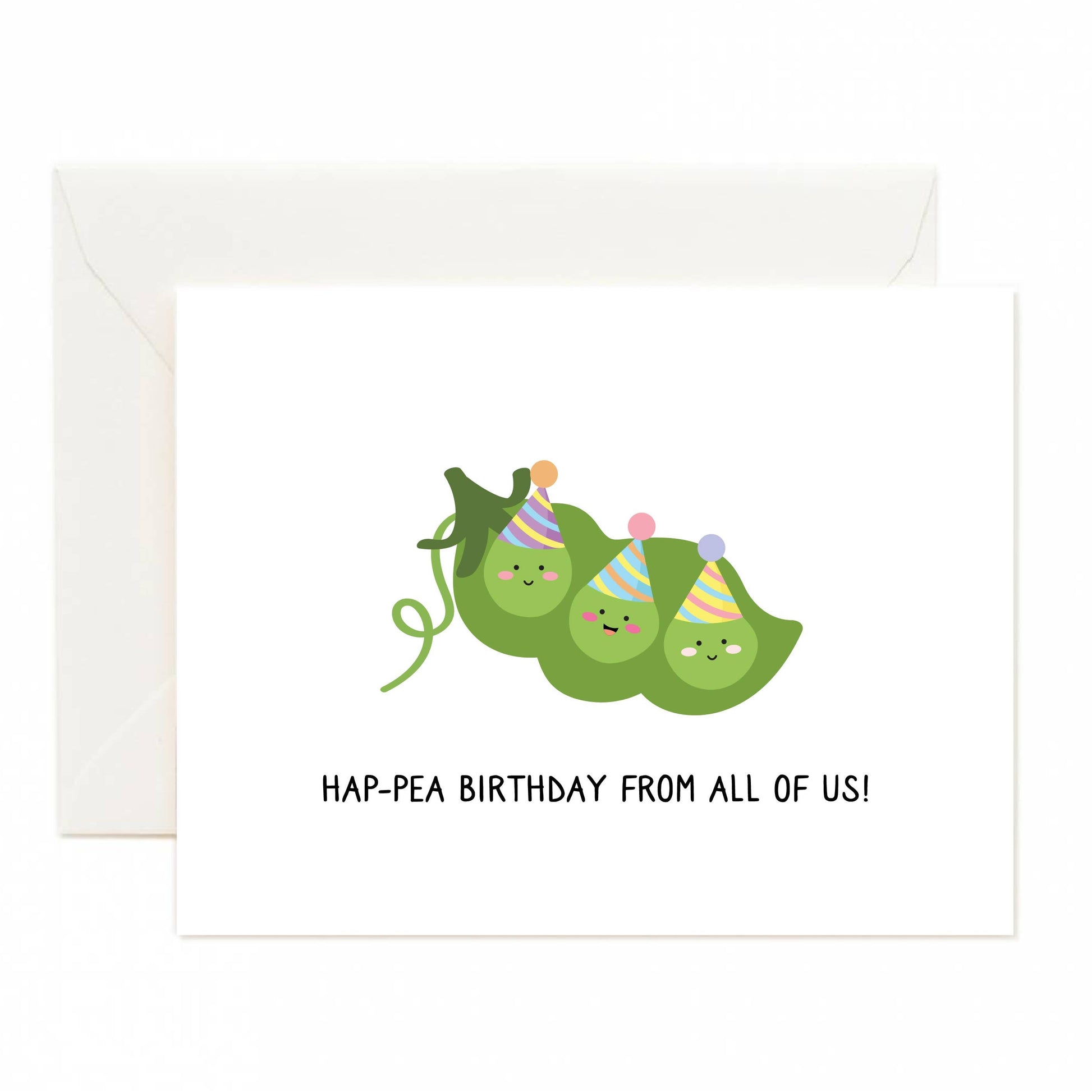 Greeting card with three cartoon peas in a pod wearing party hats and the text 'Hap-pea Birthday from all of us!' on a white background.