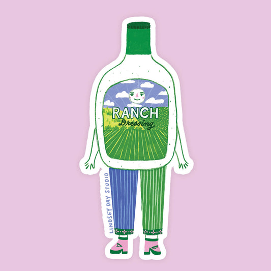 Illustration of a bottle labeled 'Ranch Dressing' with a person wearing it on a pink background