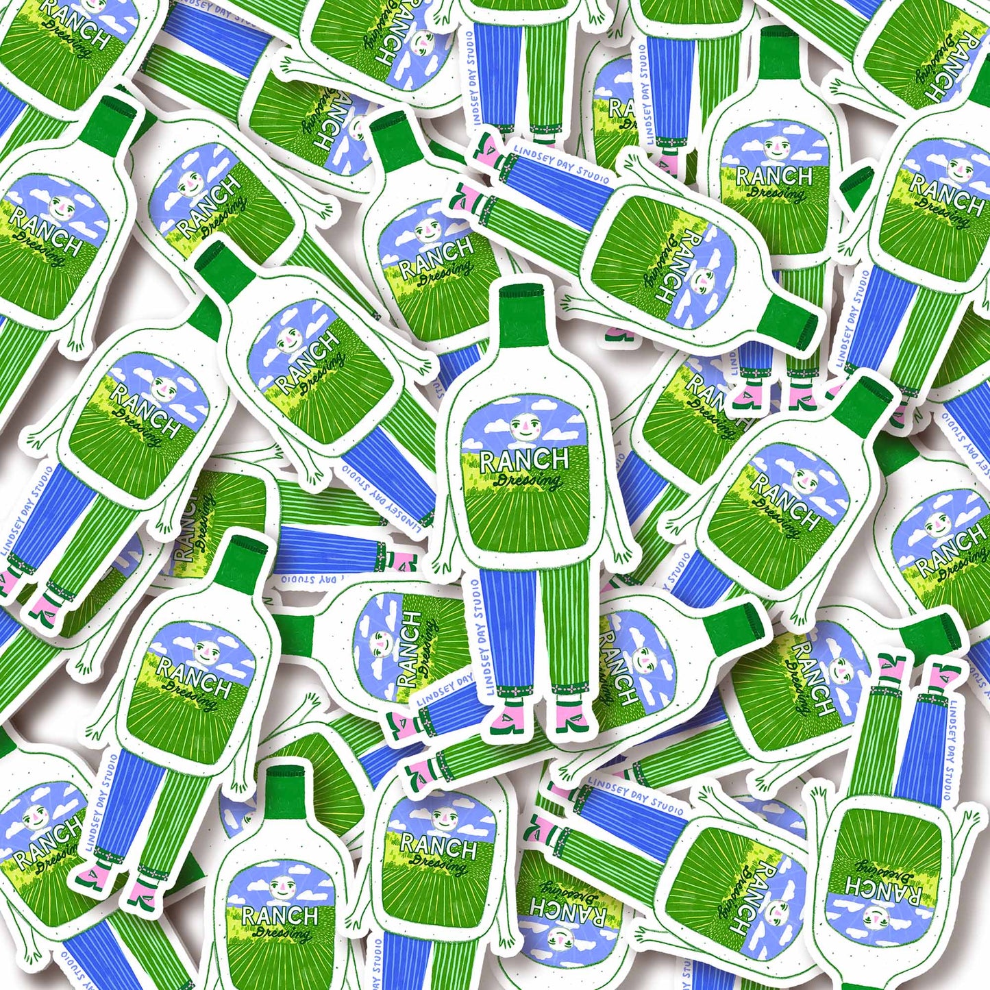 Collection of ranch dressing bottle-shaped stickers on a white background