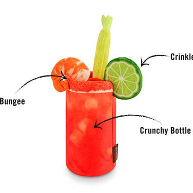 dog toy resembling a bloody mary with a shrimp, lime and celery stick 