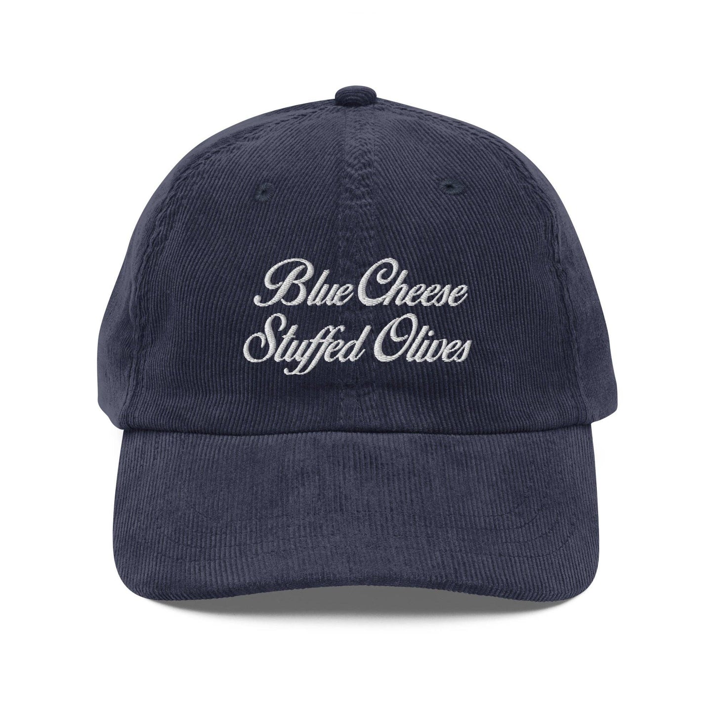 Blue corduroy cap with 'Blue Cheese Stuffed Olives' text on a white background