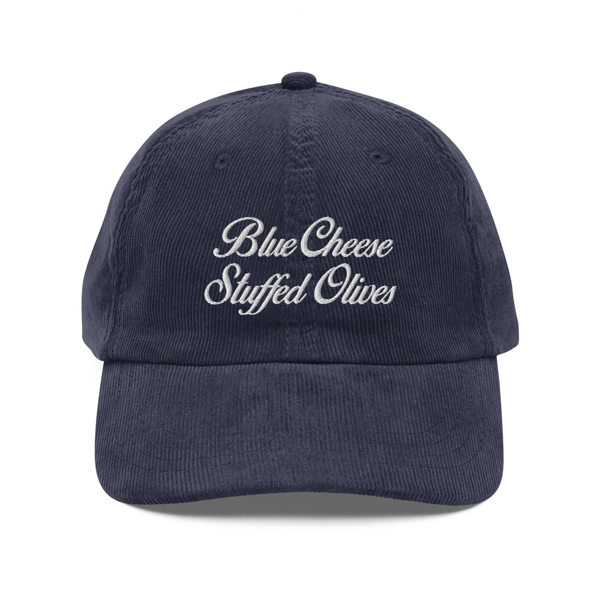 Blue corduroy cap with 'Blue Cheese Stuffed Olives' text on a white background
