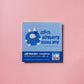 Blue sticky note pad with cartoon character on a pink background