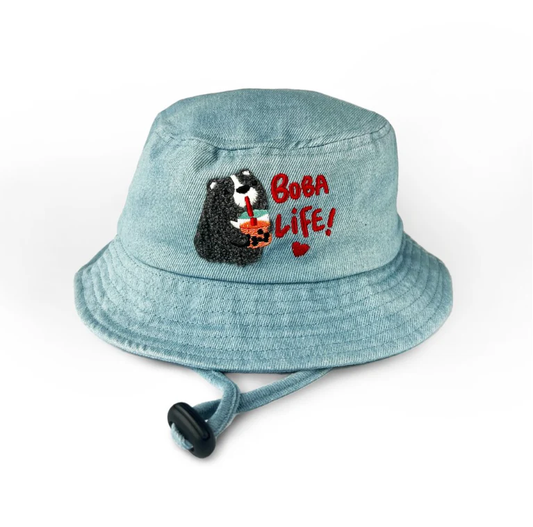 Blue denim bucket hat with a bear graphic and 'Boba Life!' text on a white background