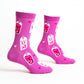 Pink socks with colorful boba bubble tea drink illustrations and heart patterns on a white background