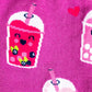 Pink socks with colorful boba bubble tea drink illustrations and heart patterns