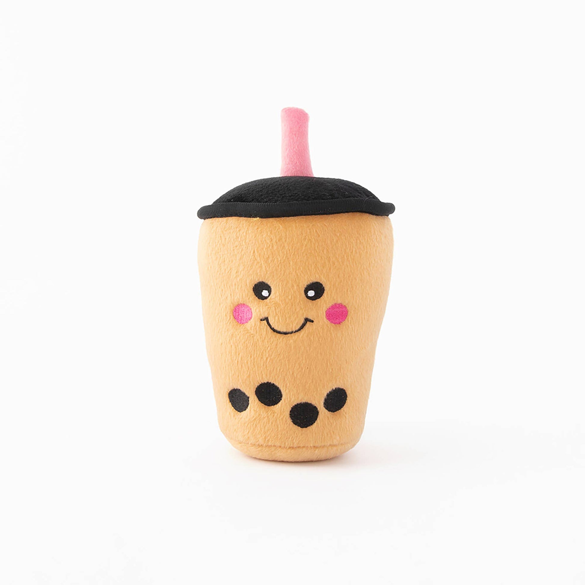 Plush dog toy resembling a bubble tea cup with a smiley face on a white background