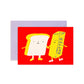 Card with cartoon toast and butter design on a red background