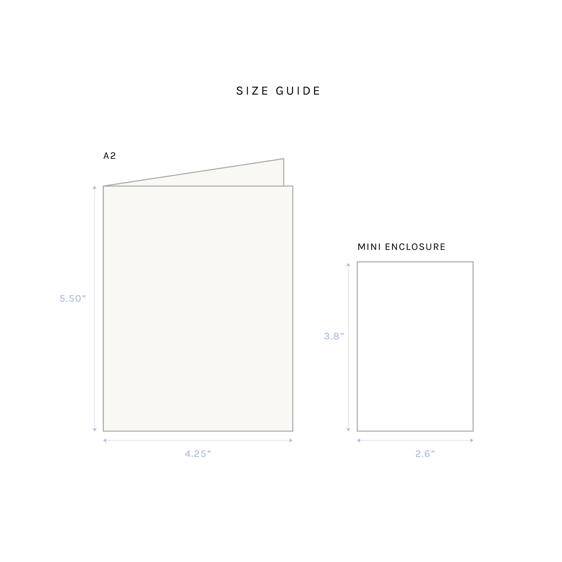 Size guide comparing A2 and mini enclosure dimensions on a white background