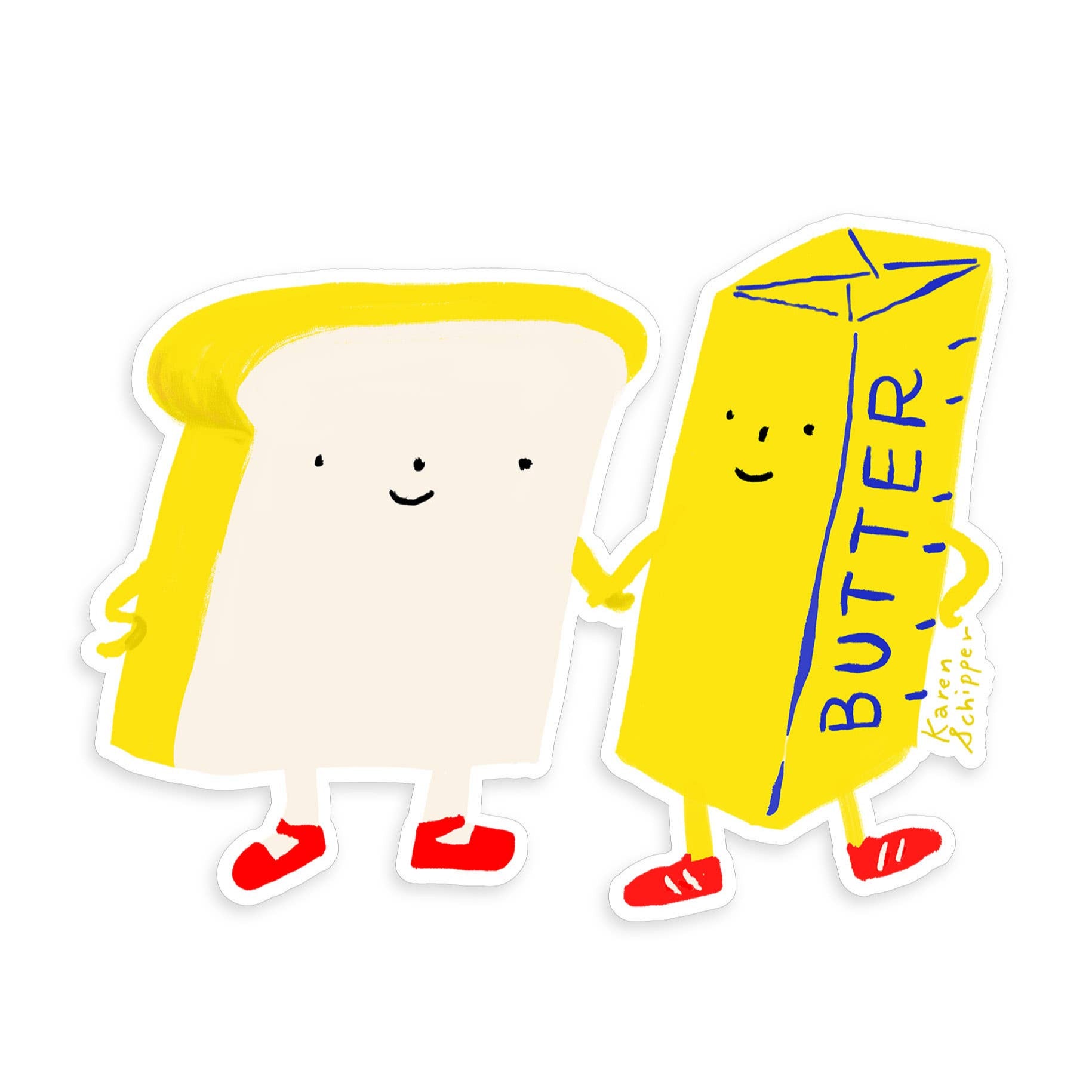 Cartoon toast and butter characters holdiing hands as a sticker on a white background