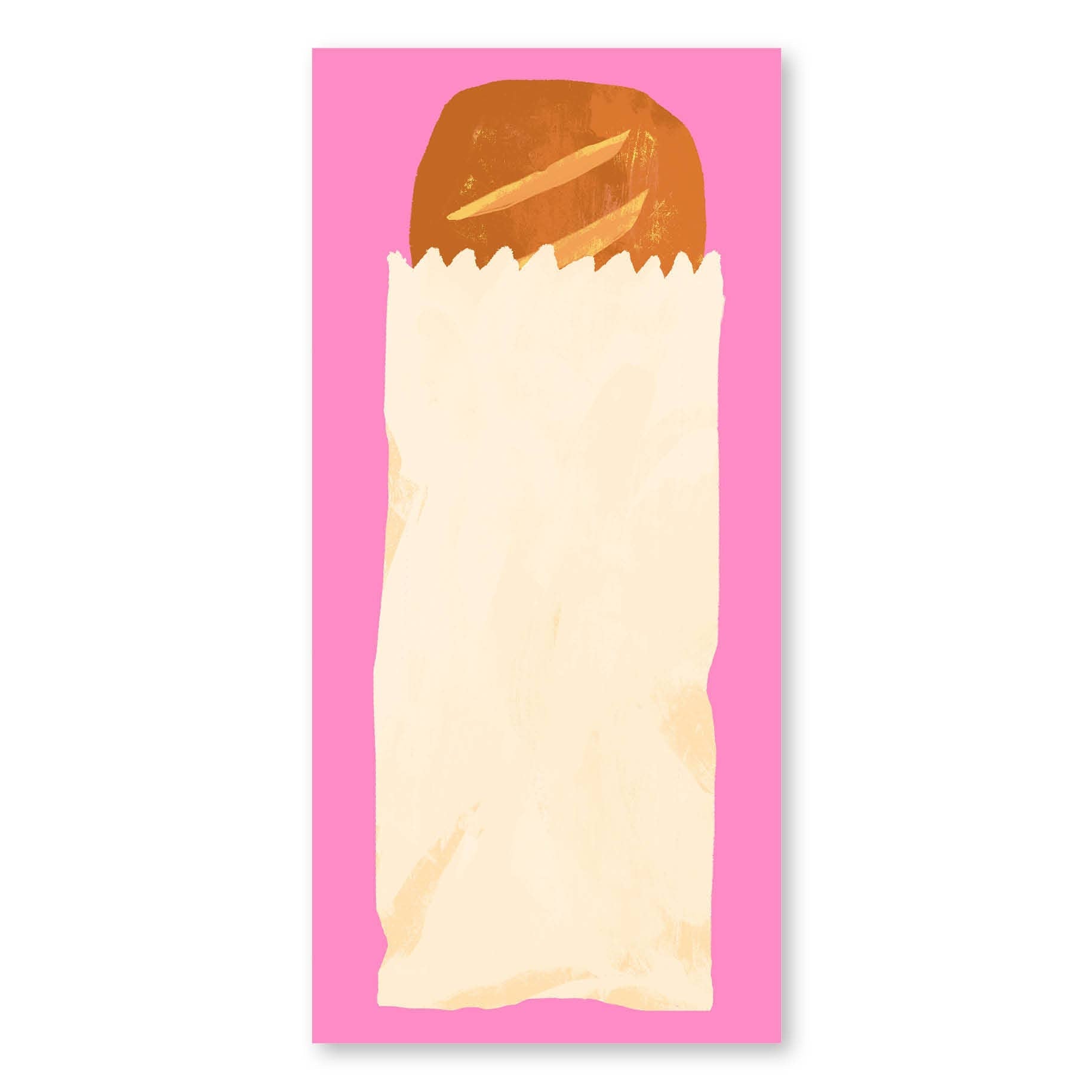 notepad with illustration of a baguette in a paper bag on a pink background