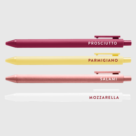 black gel ink pen set of 4 with text on it - pen barrel colors are wine, yellow, pink, and white. Text reads prosciutto, parmigiano, salami and mozzarella