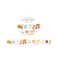 A roll of cute breakfast-themed washi tape by Peach & Papier, featuring illustrated items like pancakes, milk carton, bacon, strawberries, bananas, toast, and flowers on a white background.