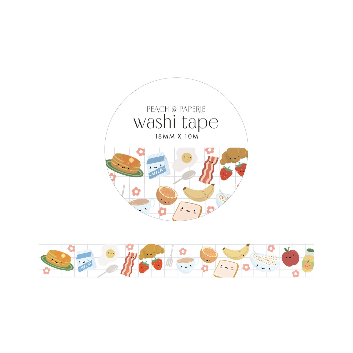 A roll of cute breakfast-themed washi tape by Peach & Papier, featuring illustrated items like pancakes, milk carton, bacon, strawberries, bananas, toast, and flowers on a white background.