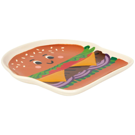 plate with a cartoon burger design on a white background