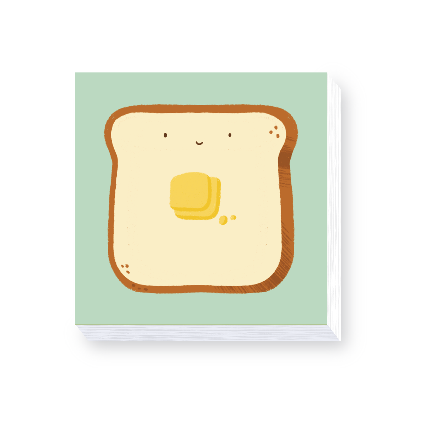 Card with a cartoon illustration of a slice of bread with pad of butter on a light green background