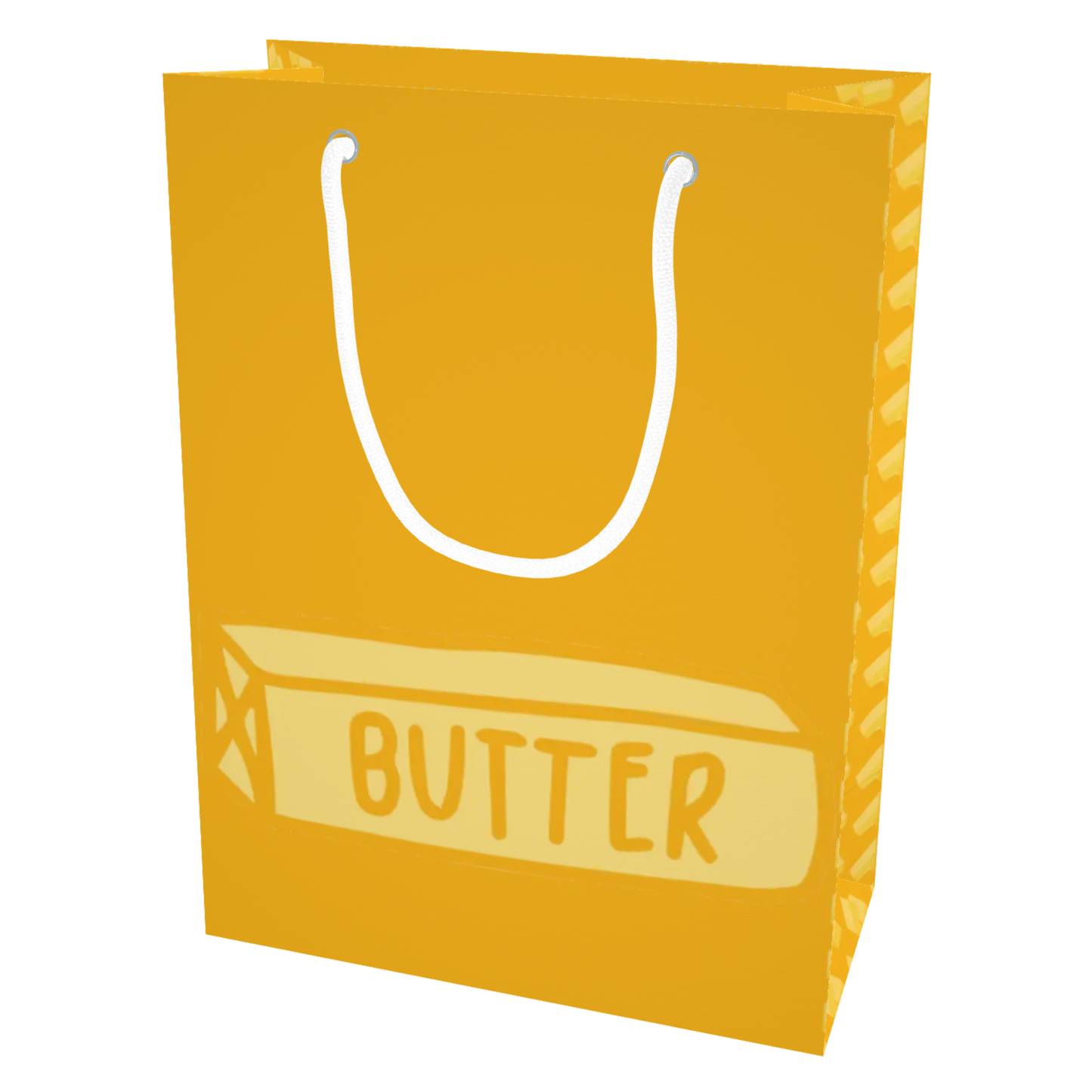 Yellow gift bag with 'butter' text on a white background