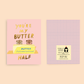 Card with 'You're My Butter Half' design and grid design on the back set on a pink background