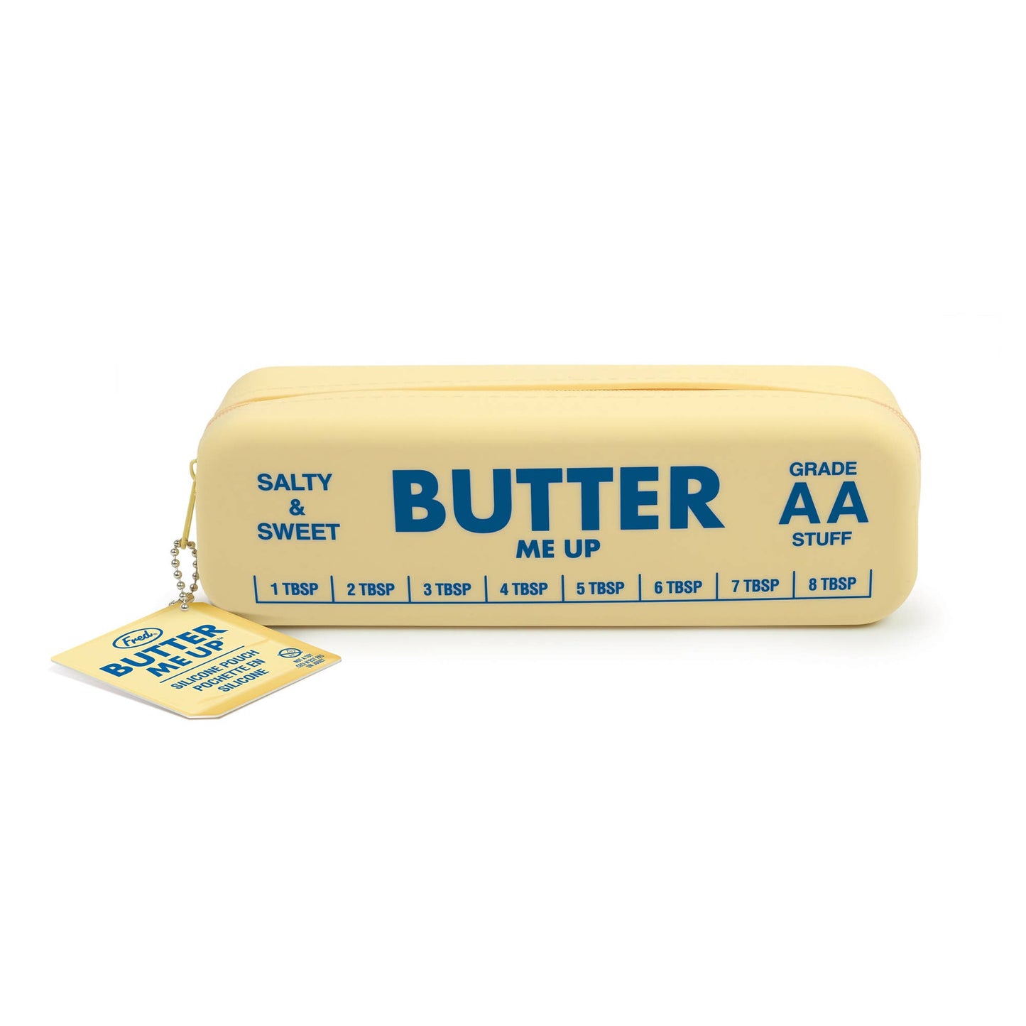 Butter shaped pouch with text on a white background