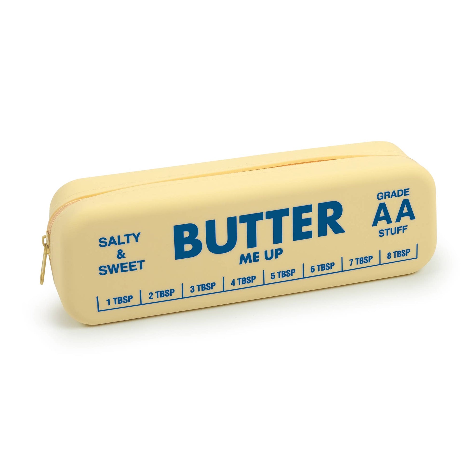 Silicone pouch that looks like a stick of butter on a white background