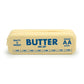 Silicone pouch that looks like a stick of butter with blue text on a white background