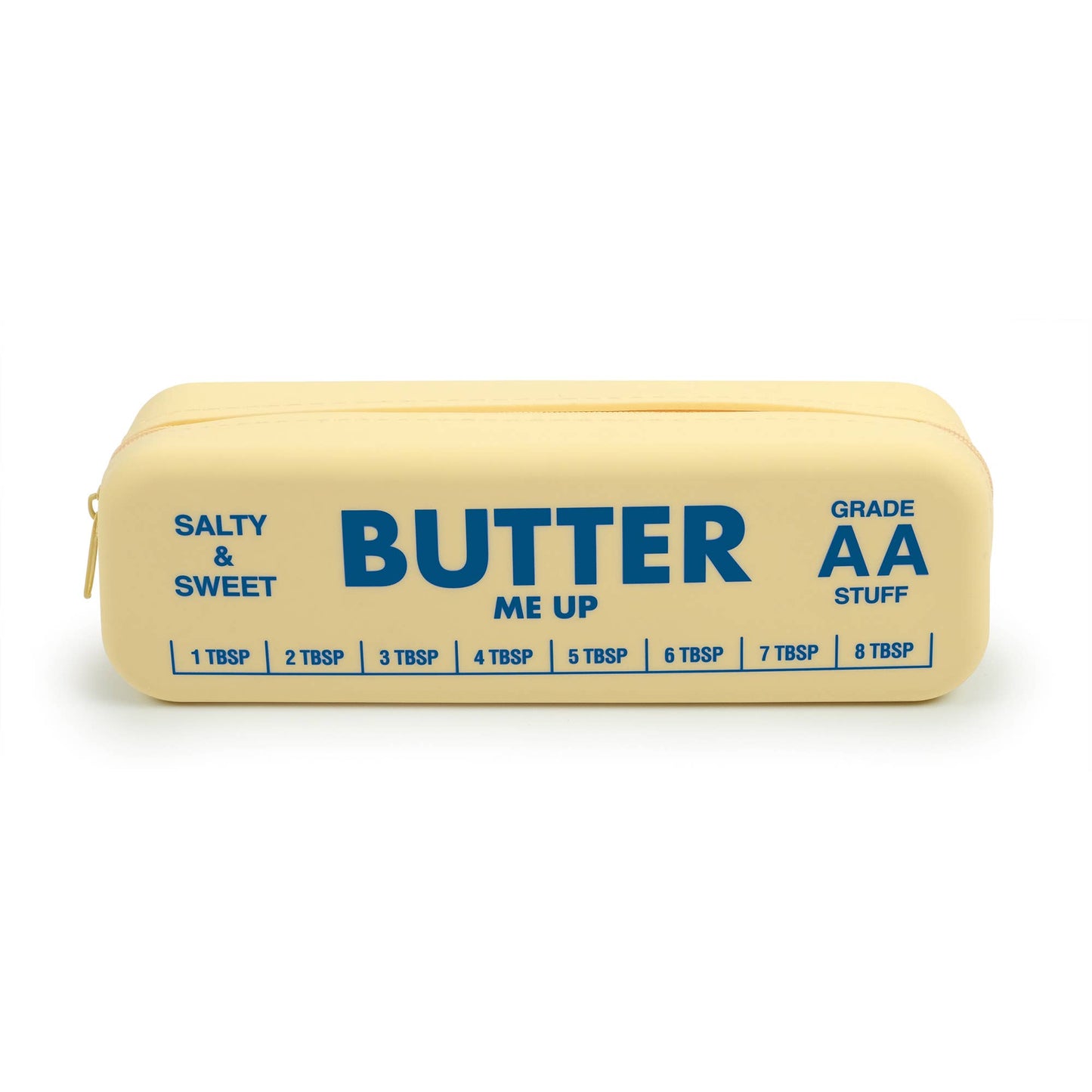 Silicone pouch that looks like a stick of butter with blue text on a white background