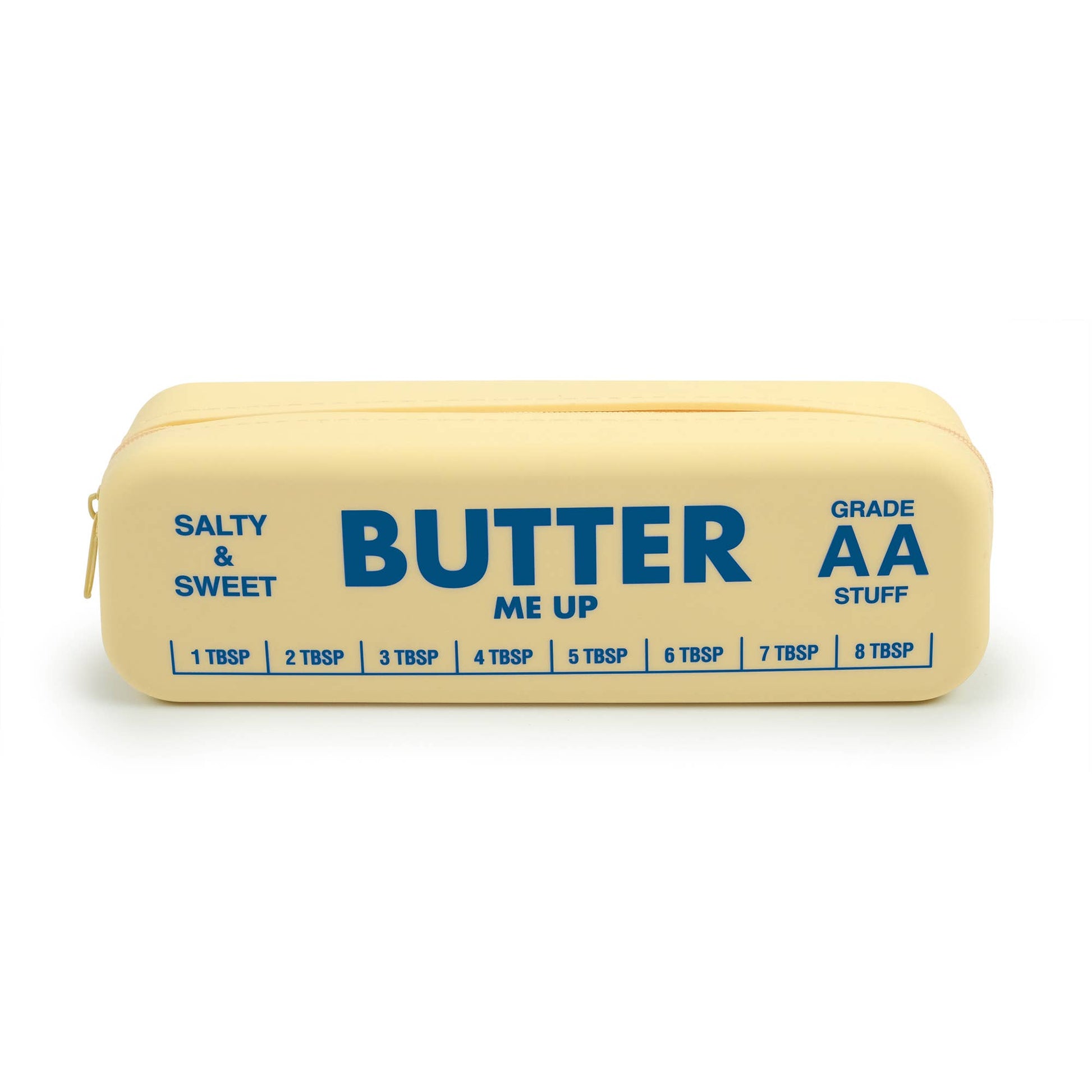 Silicone pouch that looks like a stick of butter with blue text on a white background