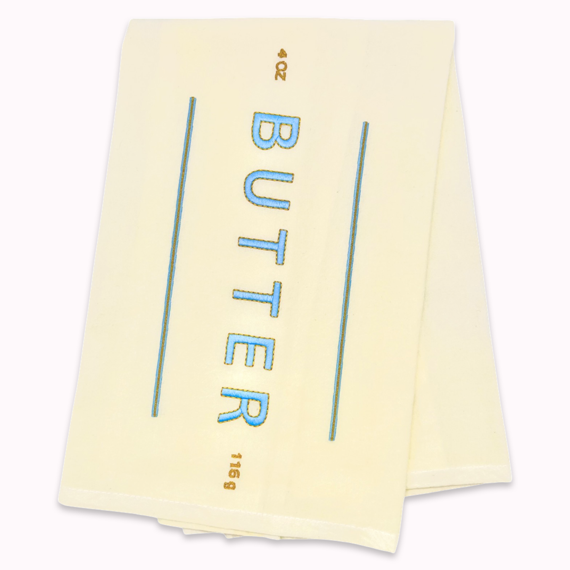 White towel with 'BUTTER' text on a white background