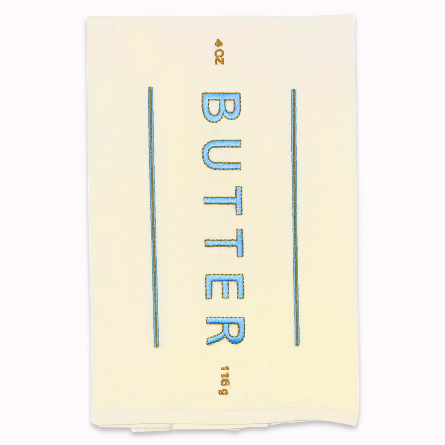 White towel with 'BUTTER' text on a white background