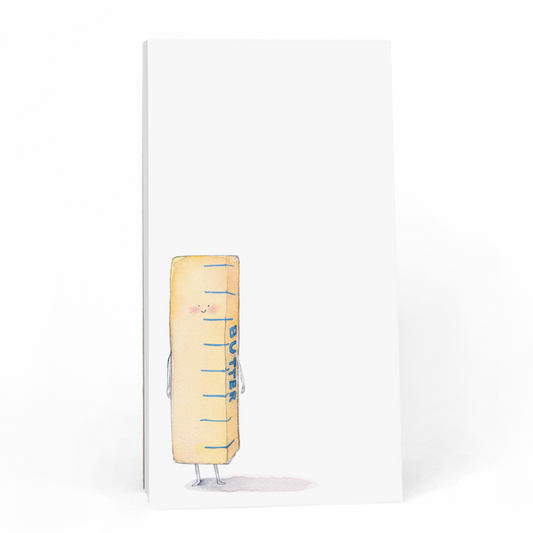 Blank notepad with illustration of smiling stick of butter.