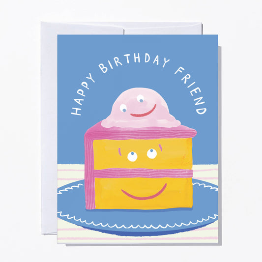 Birthday card with a cake slice and ice cream scoop illustration on a blue background