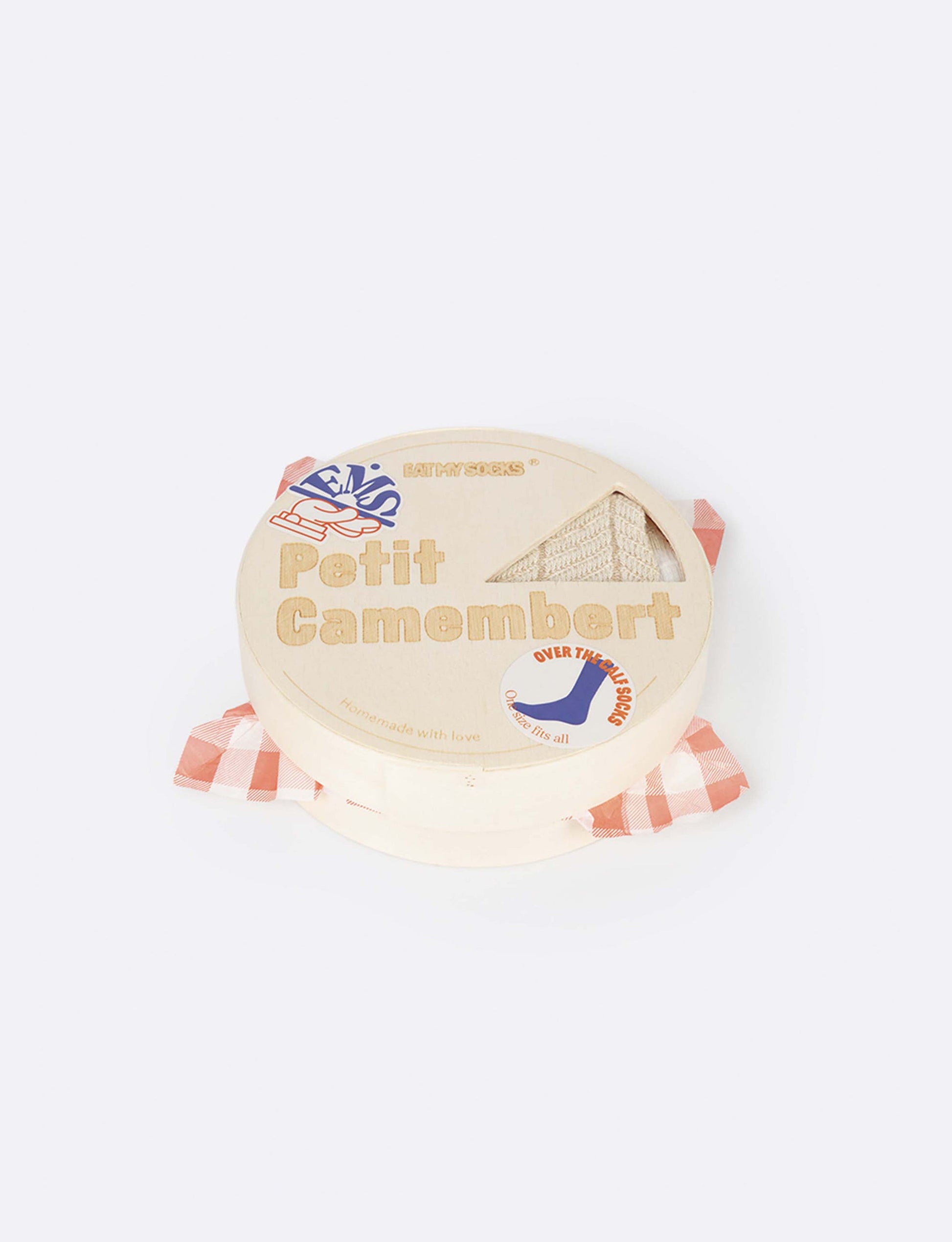 Camembert socks packaged in round, wooden container