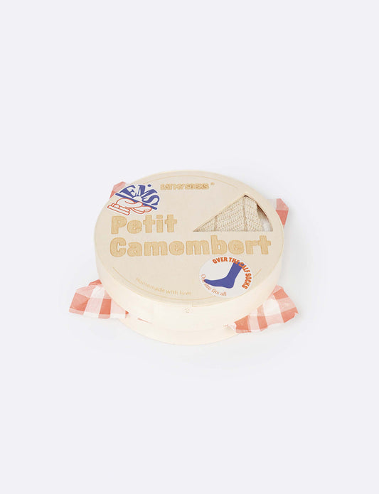 Camembert socks packaged in round, wooden container