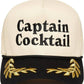 Beige and black cap with 'Captain Cocktail' text and olive designs on a white background
