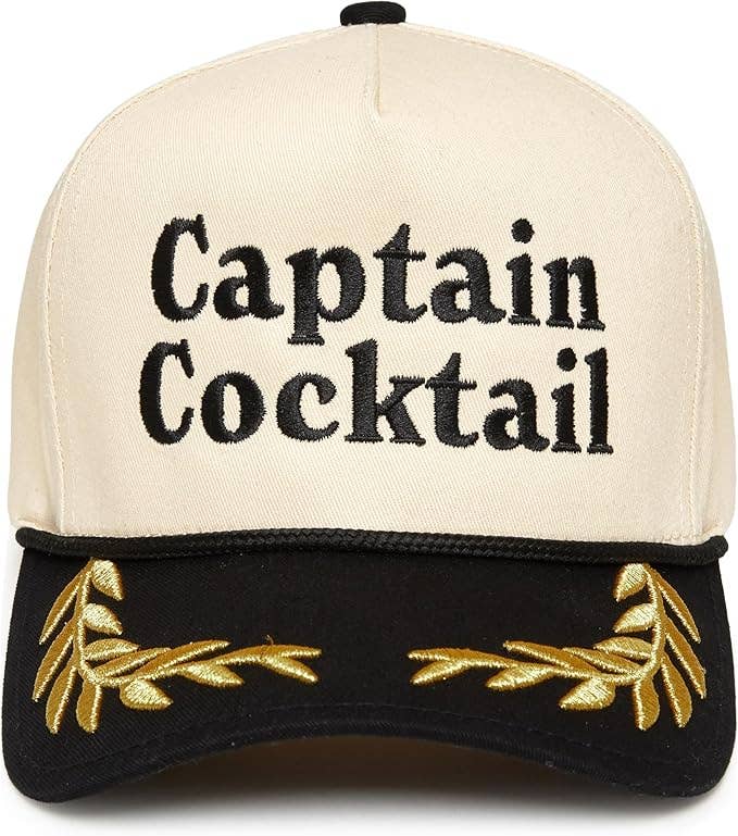 Beige and black cap with 'Captain Cocktail' text and olive designs on a white background