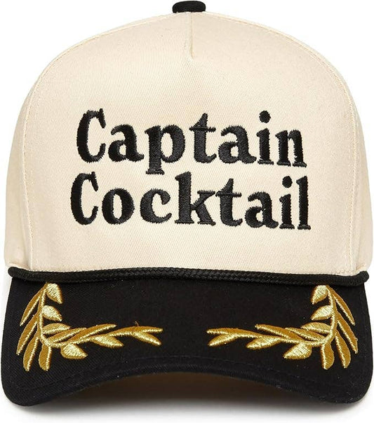 Beige and black cap with 'Captain Cocktail' text and olive designs on a white background