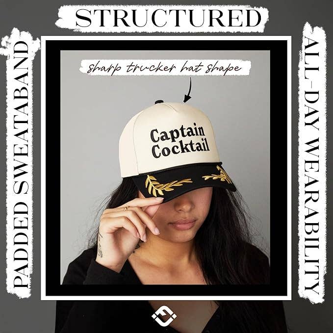 Person wearing a 'Captain Cocktail' cap with text about the cap's features.
