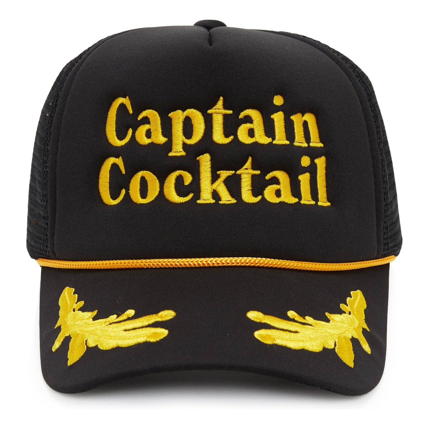 Black cap with 'Captain Cocktail' text and yellow accents on a white background