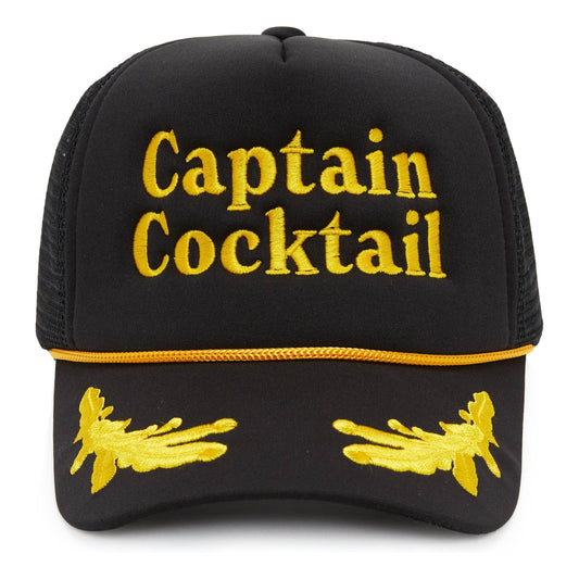 Black cap with 'Captain Cocktail' text and yellow accents on a white background