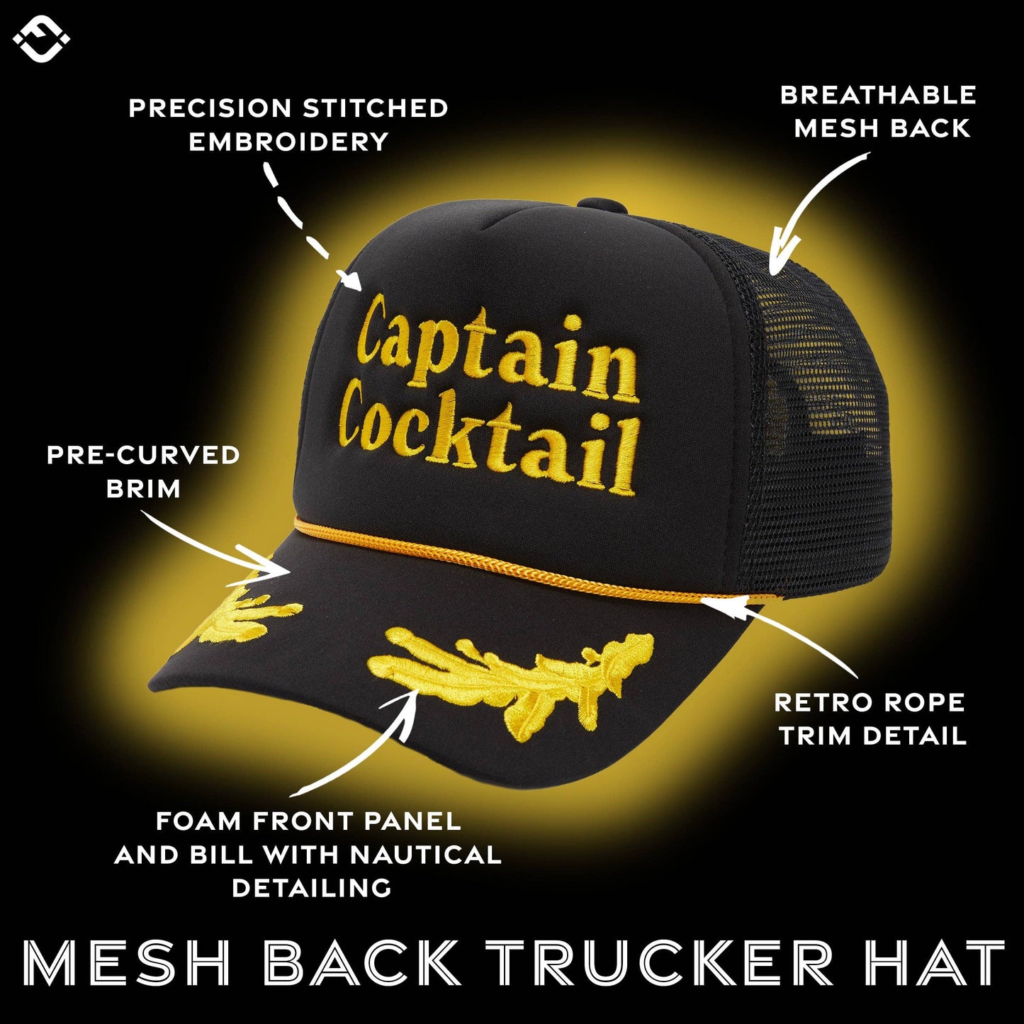 Black mesh back trucker hat with 'Captain Cocktail' text on a yellow background