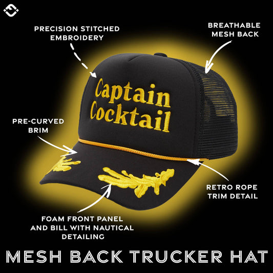 Black mesh back trucker hat with 'Captain Cocktail' text on a yellow background