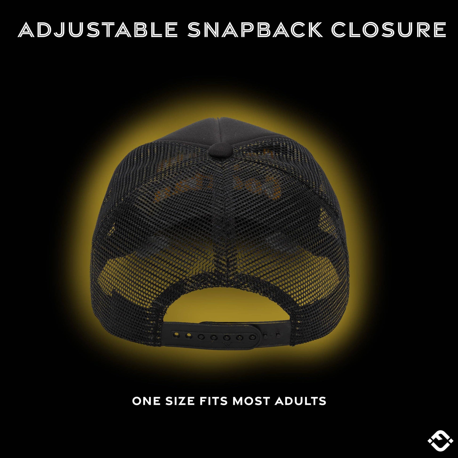 Black mesh cap with adjustable snapback closure on a dark background