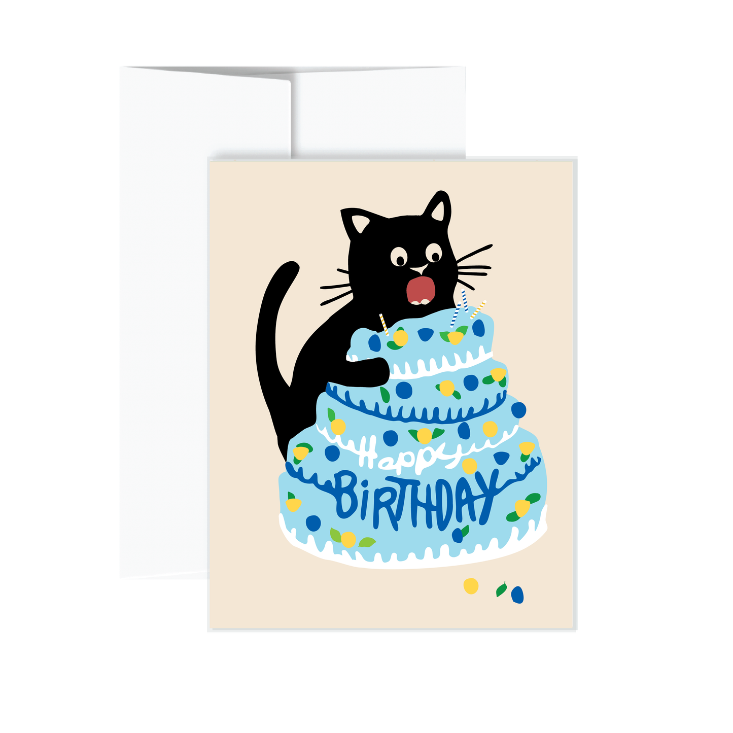 Greeting card with a black cat on a birthday cake illustration